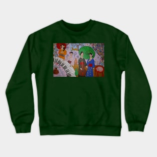 Japanese Geisha Women, A Piano, Cello and Colourful Cats Crewneck Sweatshirt